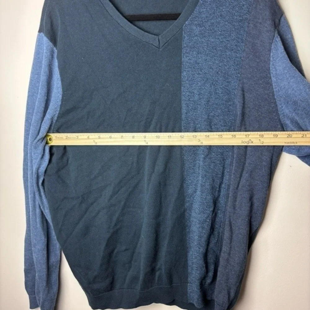Mens XL Calvin Klein Sweater Blue Heather Colorblock Knitted V Neck‎ Long Sleeve